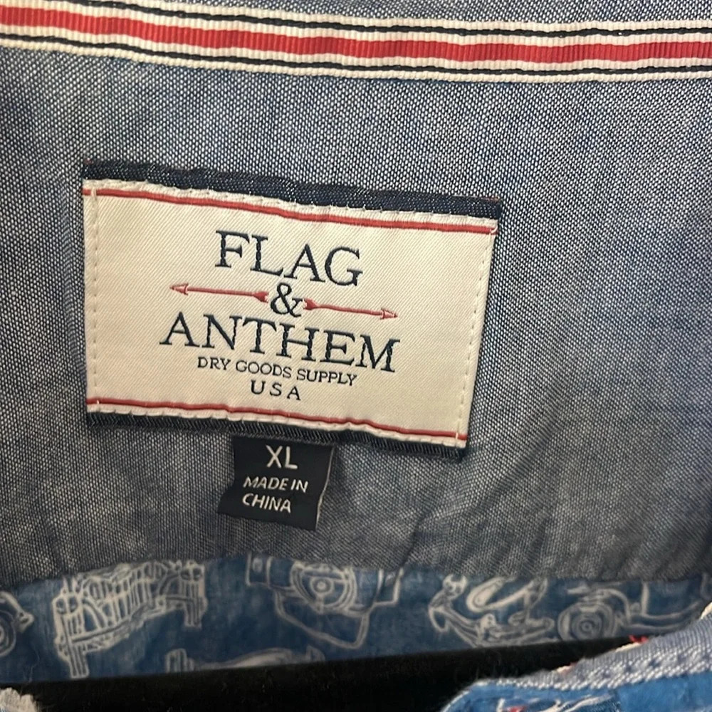 Flag & Anthem button down shirt vintage classic car blue white  short sleeve XL - Picture 5 of 12